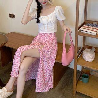 Puff-sleeve Frill Trim Crop Top / Floral Print Midi A-line Skirt