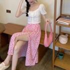 Puff-sleeve Frill Trim Crop Top / Floral Print Midi A-line Skirt