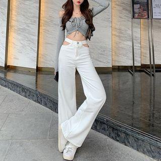 Off-shoulder Drawstring Cropped Top / Cutout Boot-cut Jeans