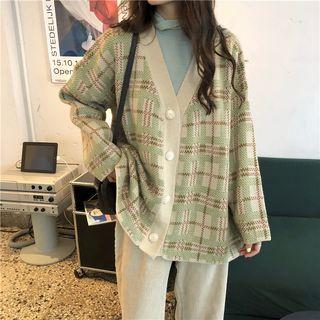 Long-sleeve Plaid Cardigan Sweater - One Size
