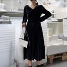 Long-sleeve Beaded Velvet Midi A-line Dress