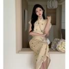 Short-sleeve Print Midi Sheath Qipao Dress