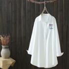 Cat Embroidered Long Shirt White - One Size