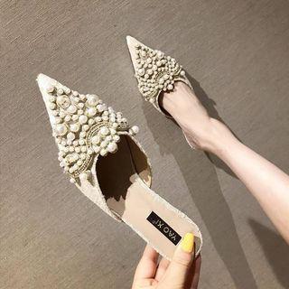 Faux Pearl Pointed Block Heel Mules