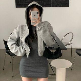 Long-sleeve Mini Bodycon Dress / Cropped Hooded Zip Jacket