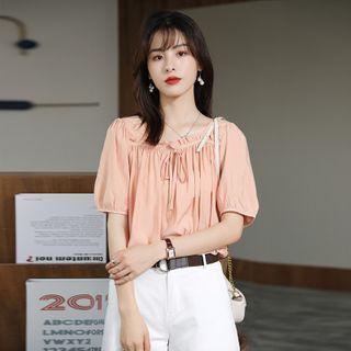 Square Neck Short Sleeve Ruched Blouse