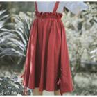 Lace-up Midi A-line Suspender Skirt/ 3/4-sleeve Embroidered Top