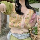 Puff-sleeve Color Panel Cardigan Yellow & Green - One Size