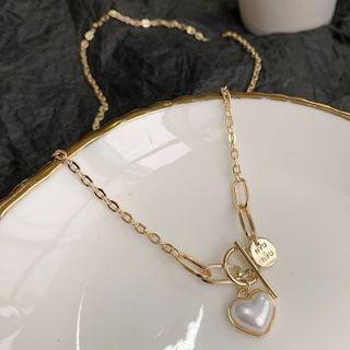 Heart Faux Pearl Pendant Alloy Necklace Gold - One Size