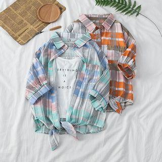 Tie-hem Plaid Elbow Sleeve Shirt