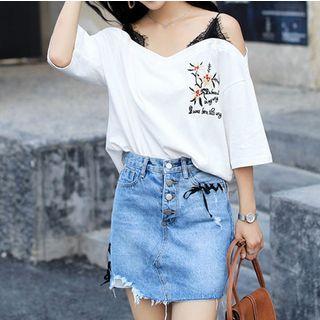 Lace Panel Embroidered Elbow-sleeve T-shirt / Denim Skirt