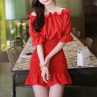 Off-shoulder Smocked-panel Frilled Minidress