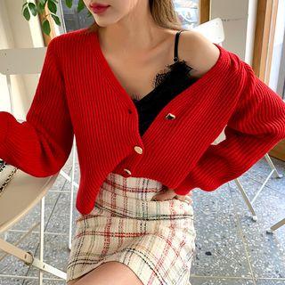 Slit Button-detail Rib-knit Cardigan