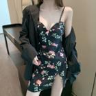 Plain Loose-fit Blazer / Floral Print Slim-fit Sleeveless Dress