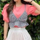 Set: Puff-sleeve Blouse + Plaid Cropped Camisole Top