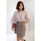Puff-sleeve Tie-cuff Striped Blouse