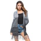 Fringe Hem Hooded Long Cardigan