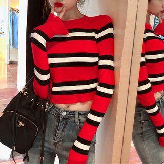 Long-sleeve Striped Knit Top Red - One Size