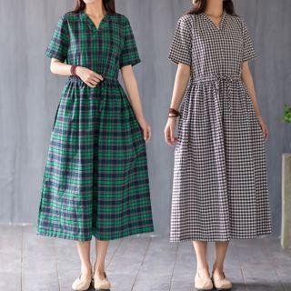 Plaid Short Sleeve Tie-waist A-line Dress