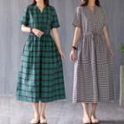 Plaid Short Sleeve Tie-waist A-line Dress