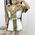 Two-tone Elbow-sleeve Shirt / High-waist Shorts / Set