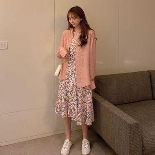 Plain Shirt / Spaghetti Strap Flower Print Midi A-line Dress
