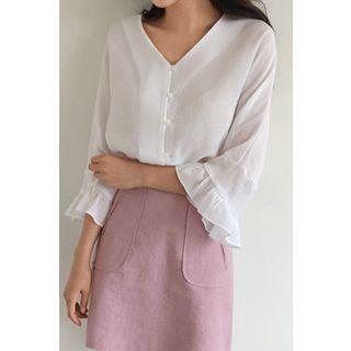 V-neck Frill-sleeve Blouse