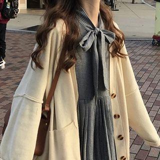 Button Cardigan / Long-sleeve Midi Houndstooth Pleated Dress