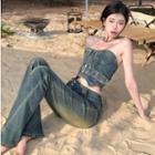 Denim Tube Top / High-waist Slim-fit Boot-cut Jeans