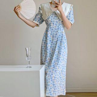 Short Sleeve Collar Floral Print Chiffon Midi Dress
