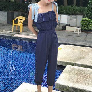 Sleeveless Tie-strap Ruffled Plain Jumpsuit