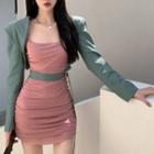 Square-neck Plain Pleated Skinny Dress