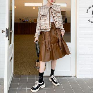 Frayed Trim Tweed Jacket / Plain Midi A-line Skirt