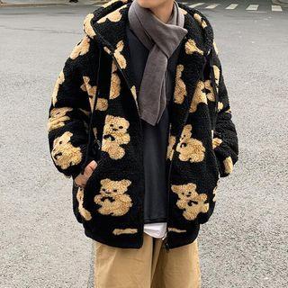Bear Print Fleece Zipped Hooded Jacket