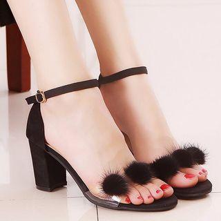 Pompom Ankle Strap Block Heel Sandals