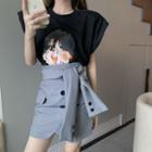 Padded-shoulder Printed T-shirt / Tie High-waist Mini Skirt