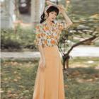 Set: Short-sleeve V-neck Floral Shirt + Plain Midi A-line Skirt