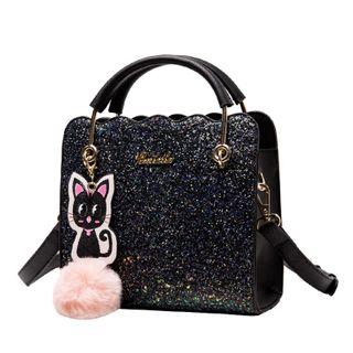 Pom Pom Glitter Faux Leather Crossbody Bag