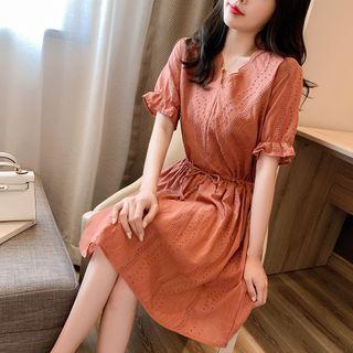 Puff-sleeve Eyelet Lace A-line Dress Brick Red - One Size