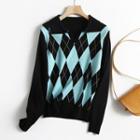 Collar Argyle Sweater Argyle - Black - One Size