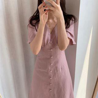 Short-sleeve Button Detail A-line Midi Dress