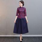 Lace 3/4-sleeve Hanfu Top / Midi A-line Skirt / Set