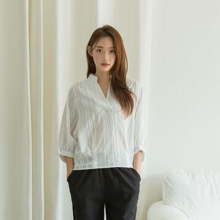 Open-placket Button-back Stripe Top White - One Size