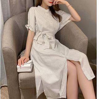 Striped Short-sleeve Midi Shirtdress Almond - One Size