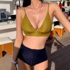Two-tone Lace-up Back Ribbed Bikini