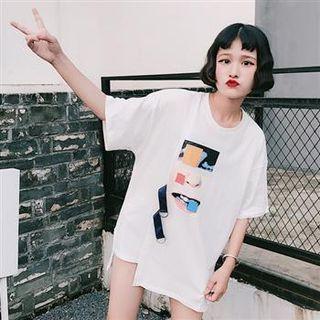 Elbow-sleeve Belted Printed Top White - One Size
