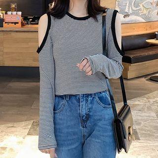 Cold-shoulder Striped Long-sleeve T-shirt