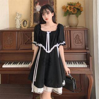 Square-neck Lace Trim Mini A-line Dress