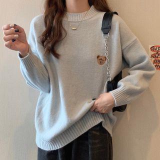 Round Neck Plain Bear Embroidered Loose Fit Knit Top