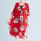 Flower Print Elbow-sleeve Chiffon Dress